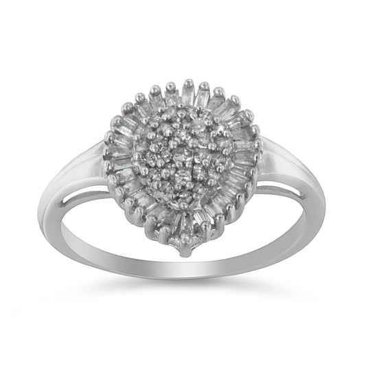 10K White Gold 1/2 Cttw Round & Baguette Cut Diamond Pear Shaped Domed Pavé Cluster with Halo Cocktail Ring (H-I Color, SI1-SI2 Clarity) - Size 5