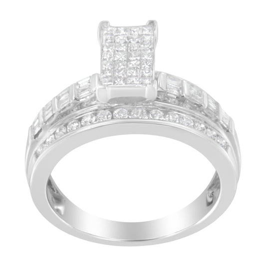 14K White Gold 1.0 Cttw Mixed-Cut Diamond Rectangle Invisible-Set Composite Cluster Ring with Bar- and Channel-Set Band (H-I Color, SI2-I1 Clarity) - Size 7