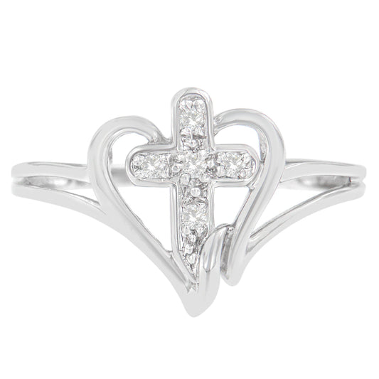 10K White Gold Diamond-Accented Cross & Open Heart Promise Fashion Ring (H-I Color, I1-I2 Clarity) - Size 7
