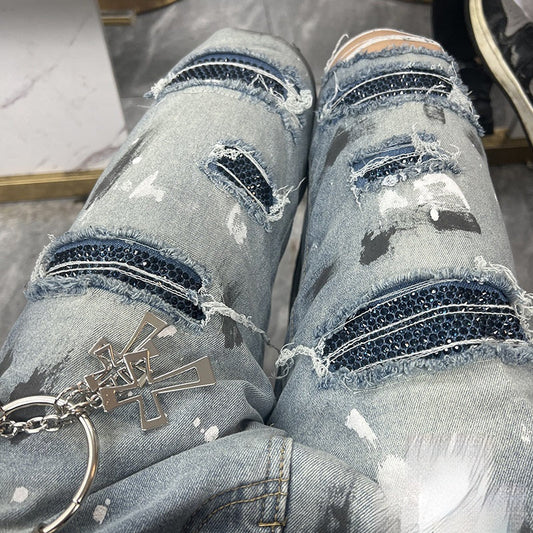 Handmade Splash-ink Blue Diamond Ripped Jeans