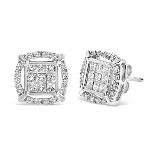 Sterling Silver 1 Cttw Princess Cut Diamond Square Halo Stud Earrings