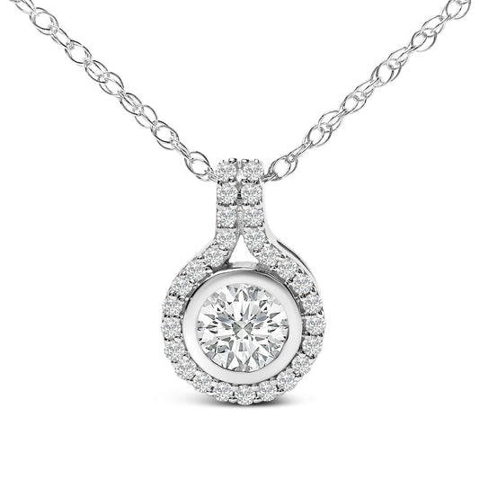 Sterling Silver 3/4 Cttw Lab Grown Diamond Halo Pendant Necklace