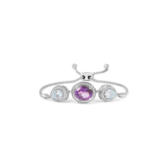 .925 Sterling Silver Oval Amethyst and Pear Blue Topaz with Diamond Accent Lariat 4â€-10†Adjustable Bolo Bracelet (H-I Color, SI1-SI2 Clarity)