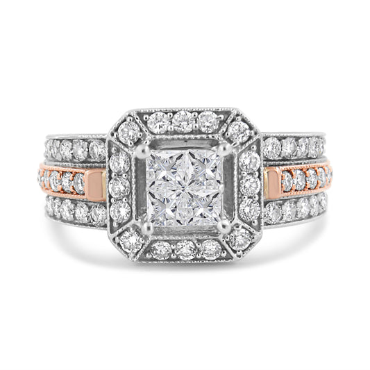 14K White and Rose Gold 1 1/8 Cttw Princess and Round-Cut Diamond Art Deco Style Triple Shank Halo Cocktail Ring (I-J Color, SI2-I1 Clarity) - Size 7