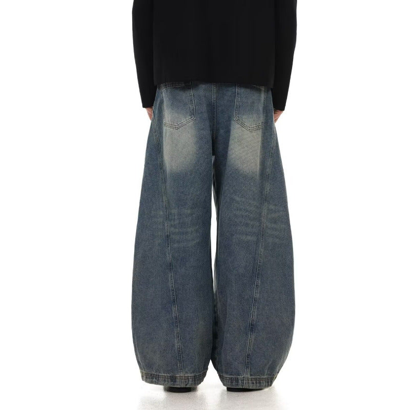 Men's American Retro Washed Design Wide Leg Loose Jeans