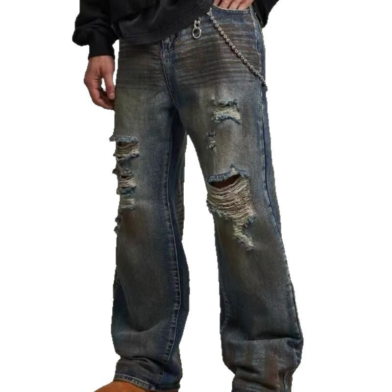 Loose Straight Slim-fit Waste Soil Blue With Holes Jeans