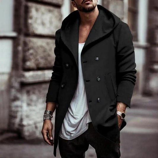 Men’s Double-Breasted Hooded Windbreaker Jacket