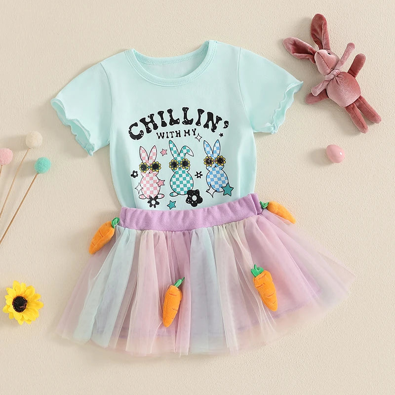 Adorable Infant Easter Dress Set with Bunny Graphic Tee and Fluffy Carrot Skirt for Baby Girls - 2 Piece Outfit