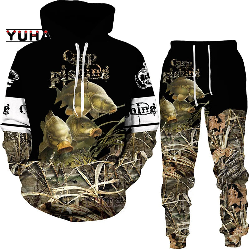 New 3D Fishing Art Print Casual Couple Hoodies Outfits Hip Hop Streetwear Hooded Sweatshirt+Sweat Pants Men's Tracksuit Set