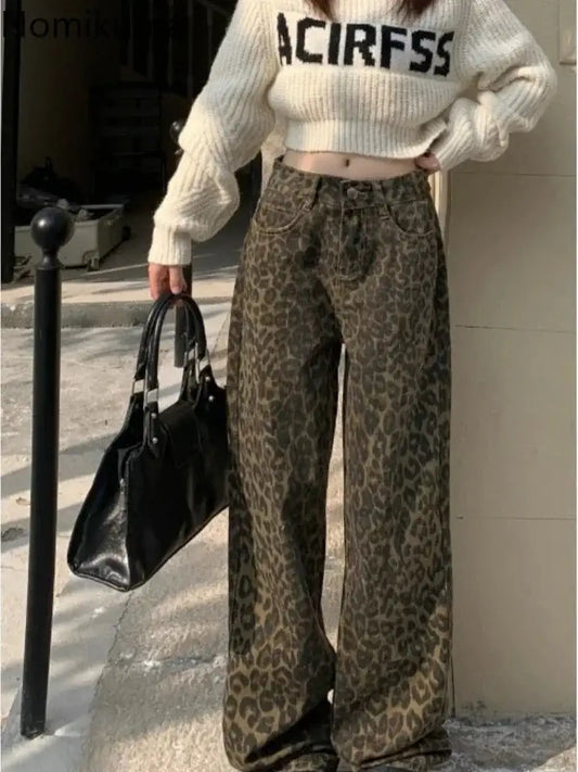 Vintage Leopard Print Pantalon Femme Wide Leg Pants Women High Waist Straight Y2k Jeans Casual Fashion Korean Jean Trousers