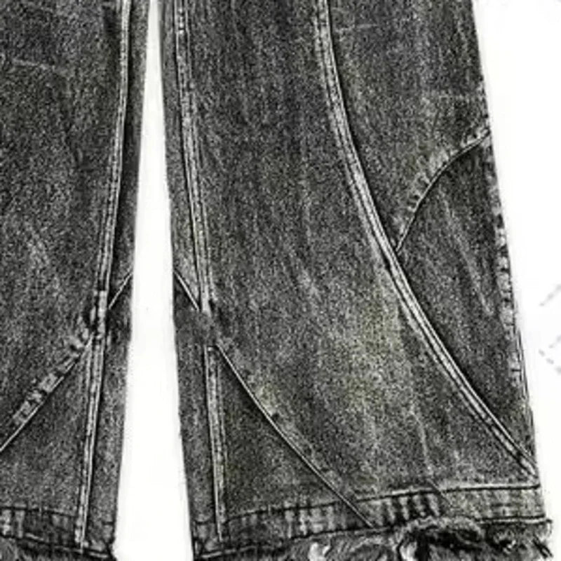 PFNW Spliced Design Washed Denim Jeans Men's Streetwear Fashion Straight Leg Denim Pants Hip Hop Trendy Trousers Spring 28W4634