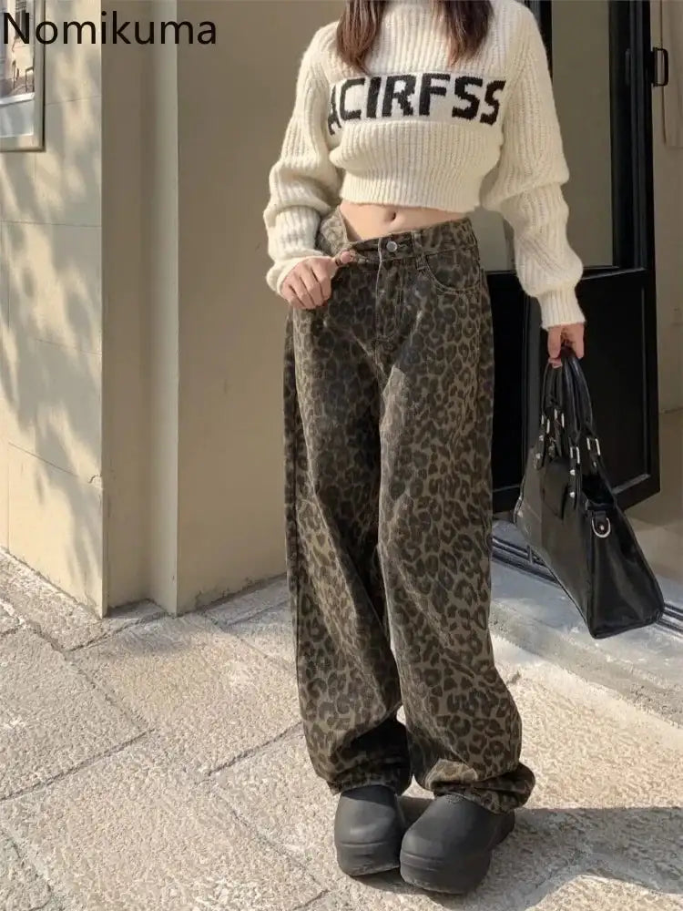 Vintage Leopard Print Pantalon Femme Wide Leg Pants Women High Waist Straight Y2k Jeans Casual Fashion Korean Jean Trousers