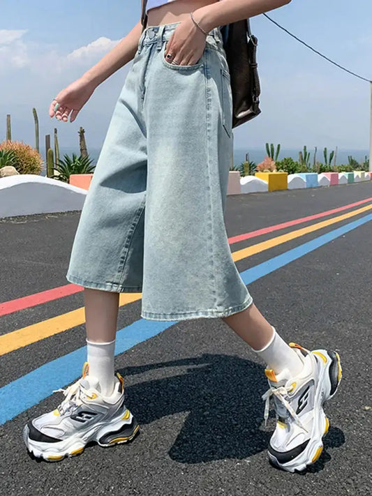 Female Summer American Vintage Baggy Denim Cropped Pants Woman High Waist Washed Wide Leg Jeans Light Blue Loose A Line Shorts