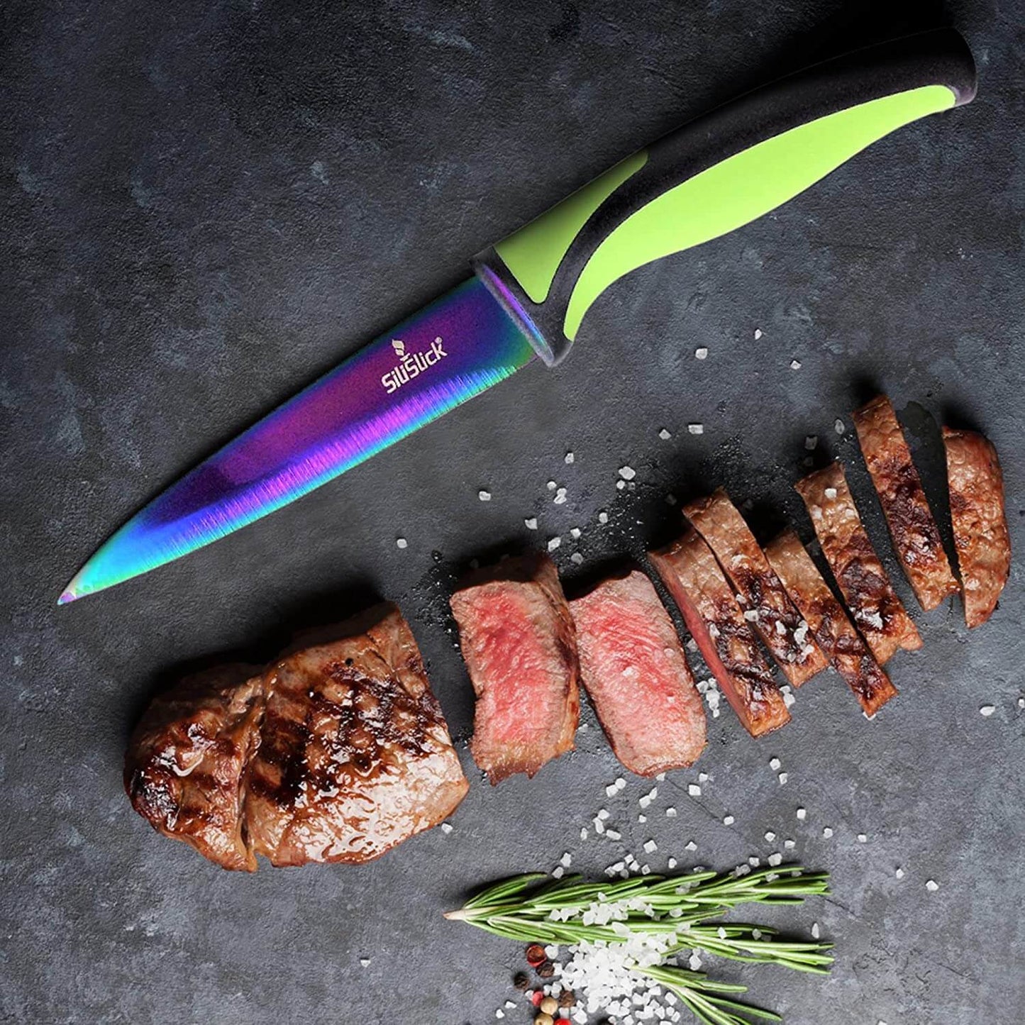 Ensemble de 6 couteaux à steak avec lames revêtues de titane arc-en-ciel et manches verts