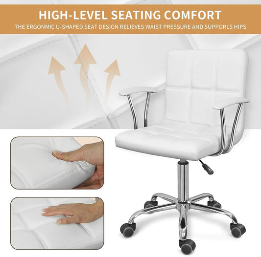 Home Office Desk Chair with Armrest and Wheels, Modern PU Leather Mid-Back Office Task Chair, Height Adjustable Swivel Computer Chairs for Home Office, White
