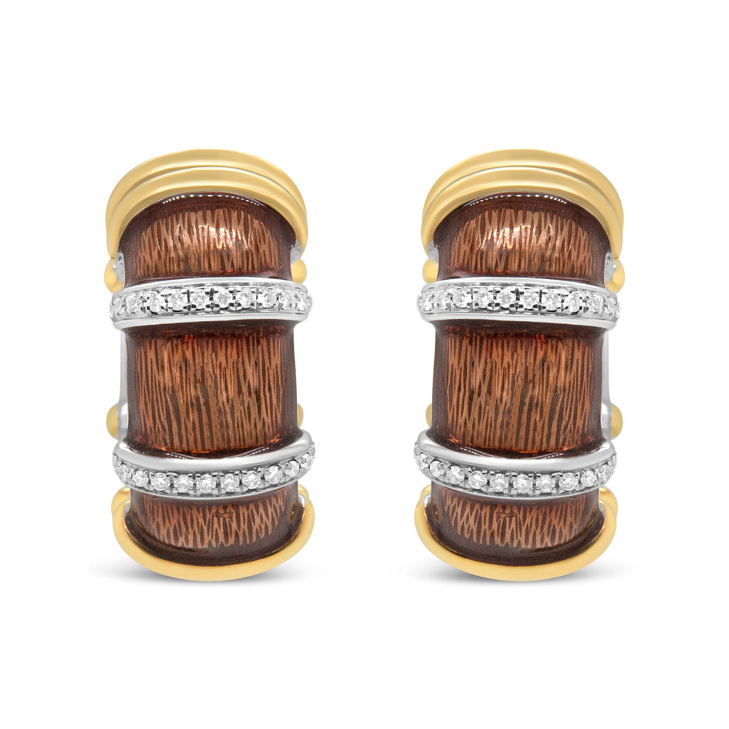18K Yellow and White Gold Flash Plated .925 Sterling Silver Clear Brown Enamel 9/10 Cttw Round Diamonds Huggie Hoop Earrings (F-G Color, VS1-VS2 Clarity)