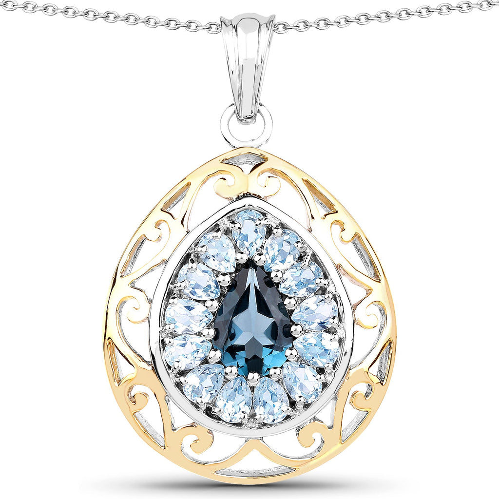 18K Yellow Gold Plated 4.44 Carat Genuine London Blue Topaz and Blue Topaz .925 Sterling Silver Pendant