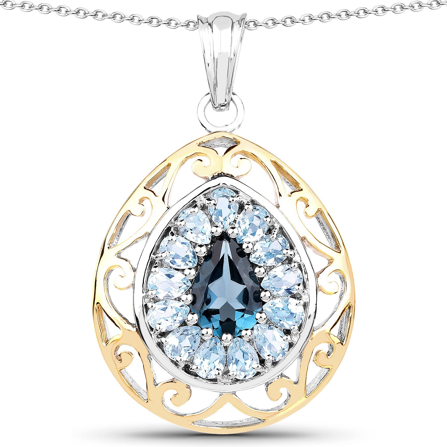 18K Yellow Gold Plated 4.44 Carat Genuine London Blue Topaz and Blue Topaz .925 Sterling Silver Pendant