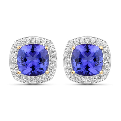 5.98 Carat Genuine Tanzanite and White Diamond 14K Yellow Gold Earrings