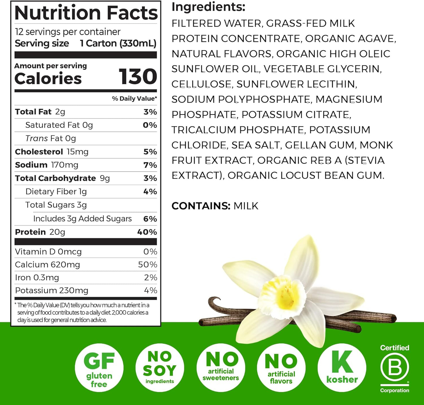 Clean Protein Shake, Grass Fed Dairy, Vanilla Bean - 20G Whey High Protein, Kosher, Ready to Drink, Low Net Carbs, Gluten Free, No Soy Ingredients, 11 Fl Oz (Pack of 12)