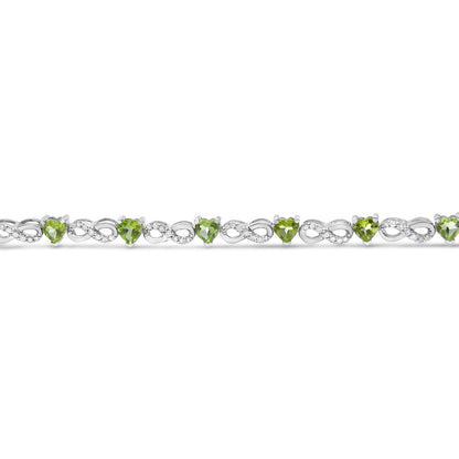 .925 Sterling Silver 1.00 Cttw Diamond and 4.00mm Lab Created Green Heart-Shaped Peridot Infinity Link Bracelet (I-J Color, I2-I3 Clarity) - 7.25"
