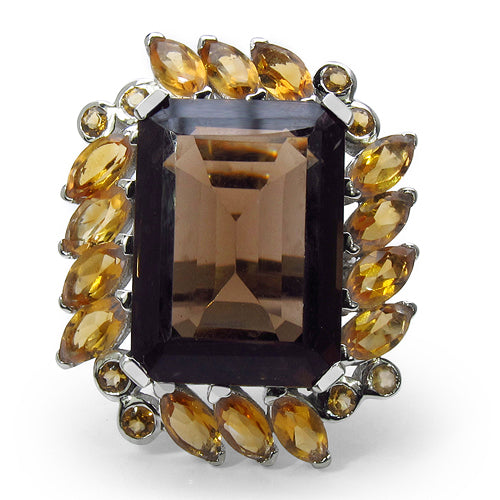 17.85 Carat Genuine Smoky Quartz & Citrine .925 Sterling Silver Ring