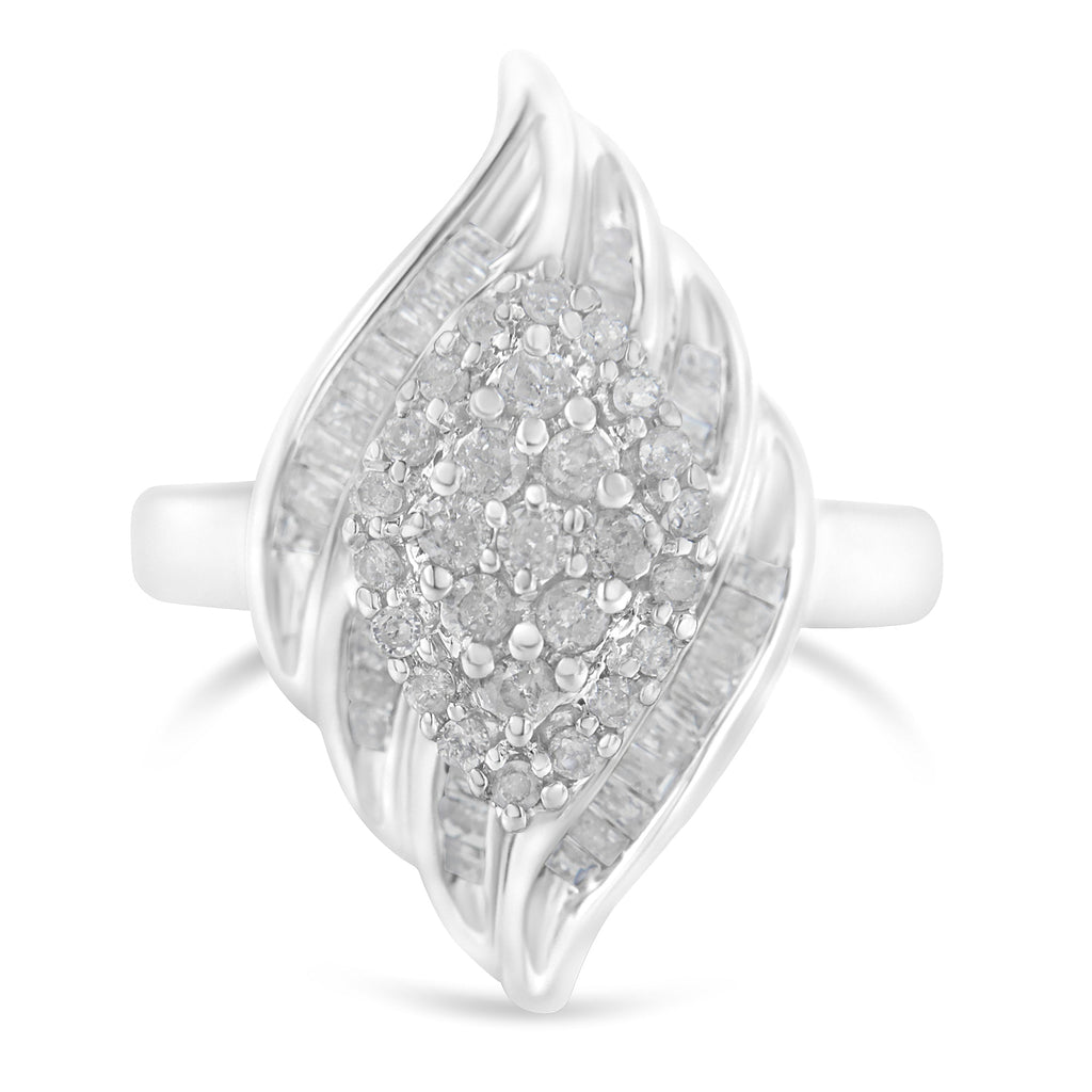 .925 Sterling Silver Â¾ Cttw Round and Baguette Cut Diamond Stair-Stepped Cluster Waterfall Cocktail Ring (I-J Color, I2-I3 Clarity) - Size 6