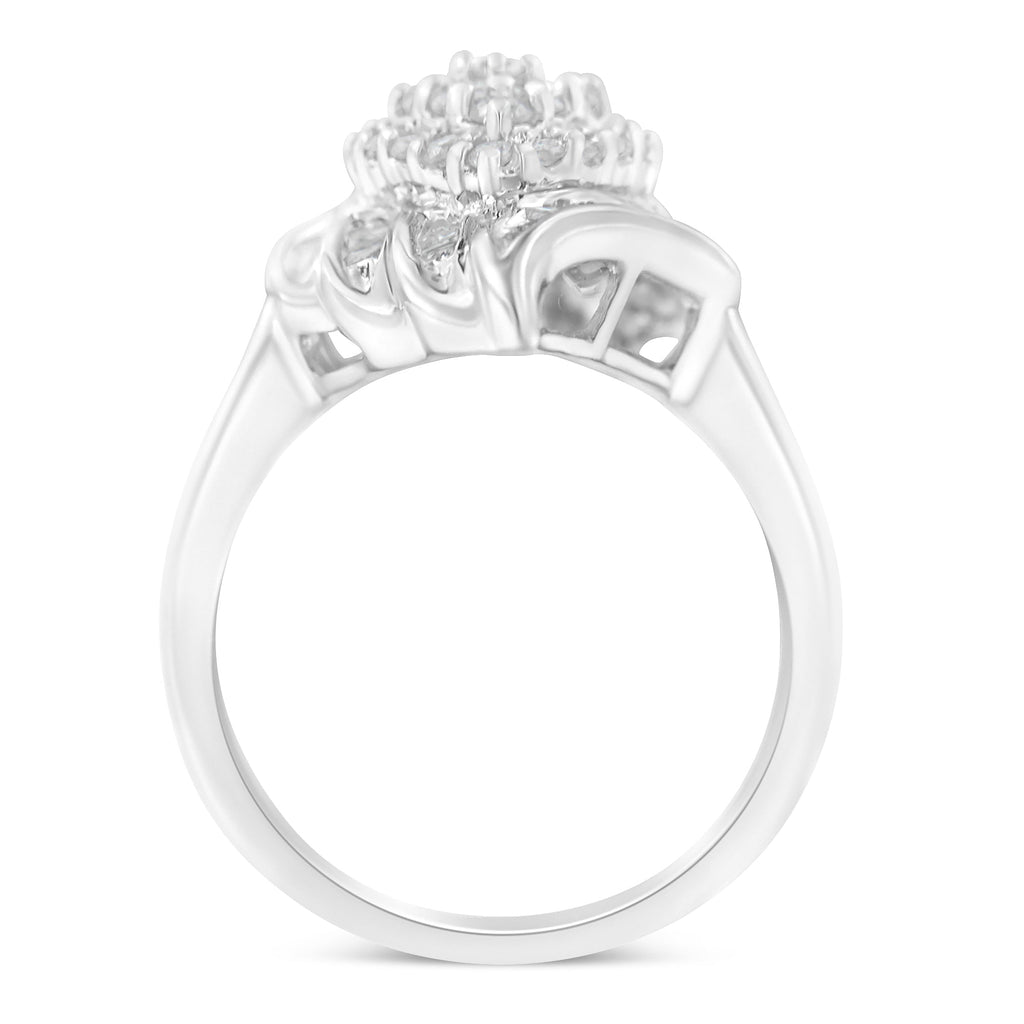 .925 Sterling Silver Â¾ Cttw Round and Baguette Cut Diamond Stair-Stepped Cluster Waterfall Cocktail Ring (I-J Color, I2-I3 Clarity) - Size 6