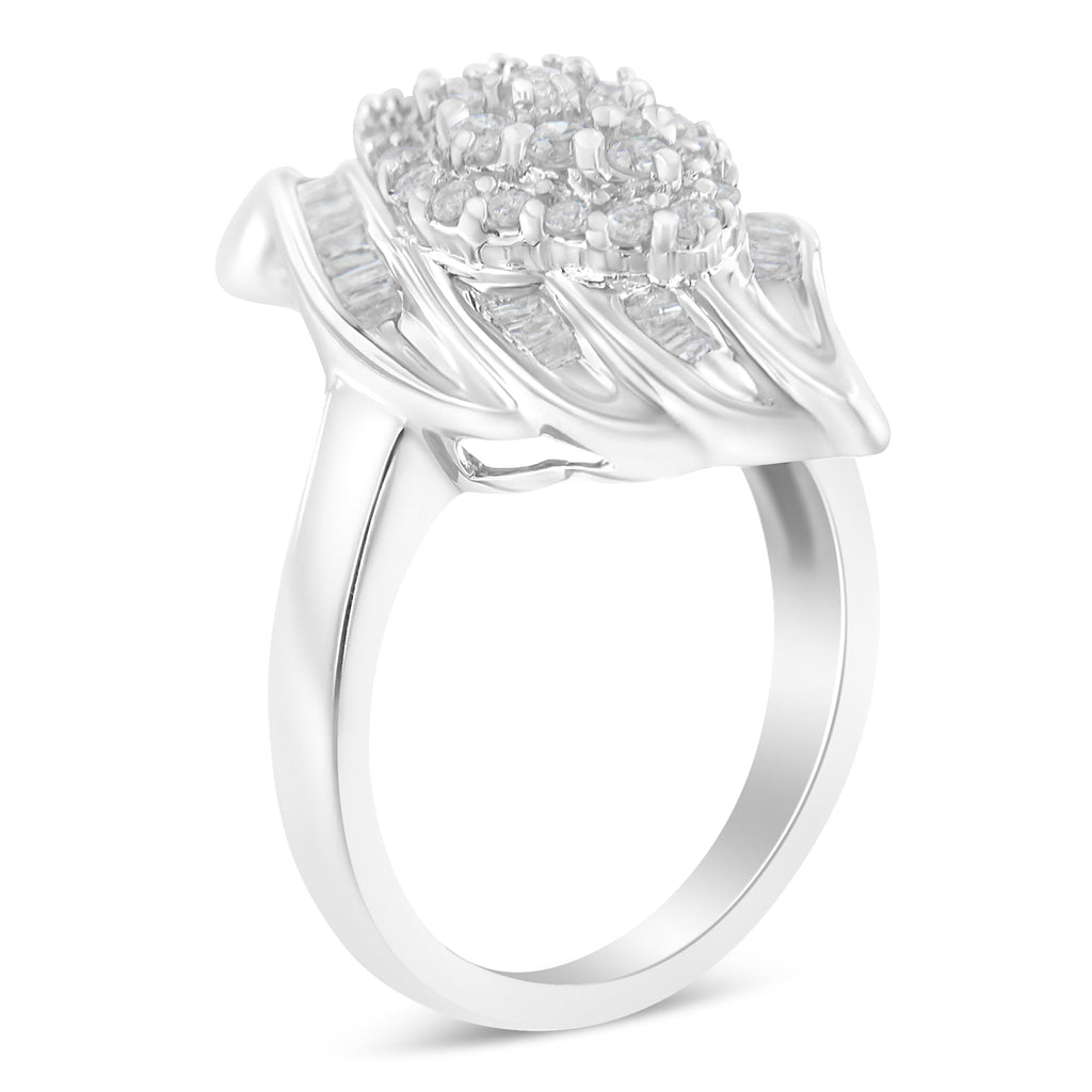 .925 Sterling Silver Â¾ Cttw Round and Baguette Cut Diamond Stair-Stepped Cluster Waterfall Cocktail Ring (I-J Color, I2-I3 Clarity) - Size 6