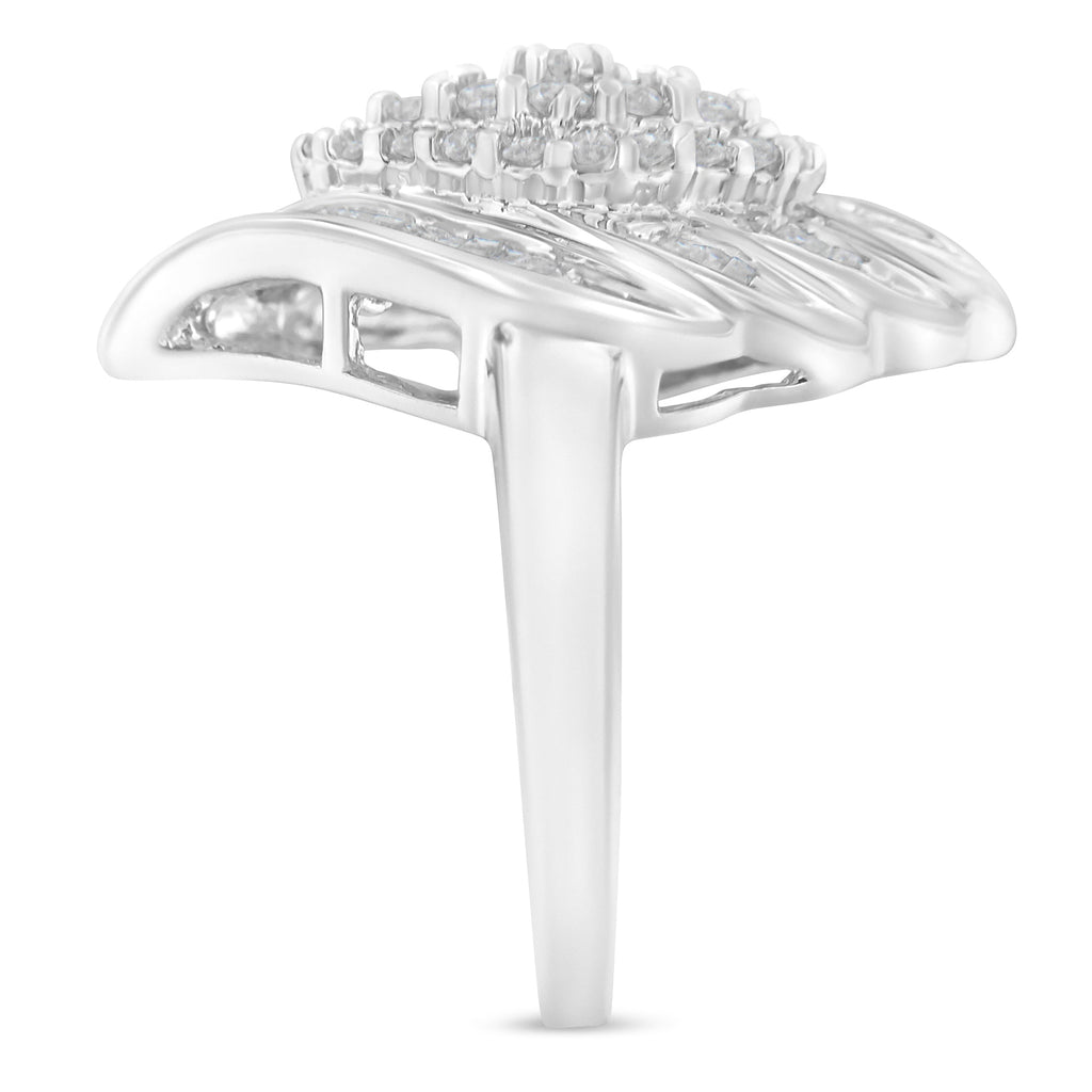 .925 Sterling Silver Â¾ Cttw Round and Baguette Cut Diamond Stair-Stepped Cluster Waterfall Cocktail Ring (I-J Color, I2-I3 Clarity) - Size 6