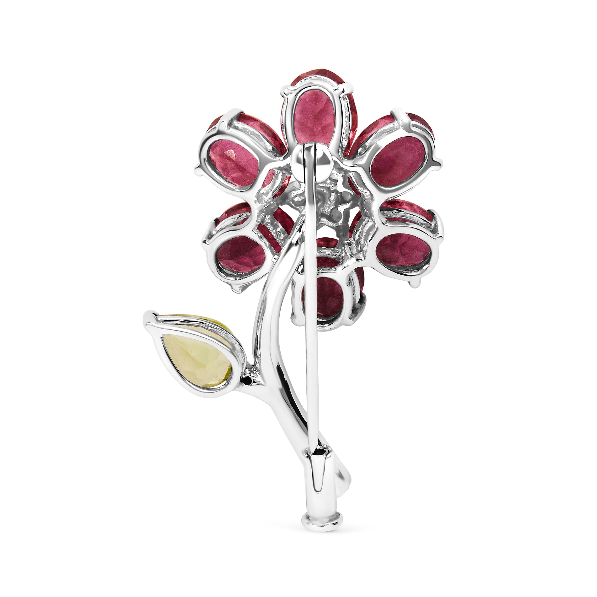 18K White Gold 1/3 Cttw Diamond, Pink Tourmaline, and Green Peridot Flower and Leaf Tulip Brooch Pin (H-I Color, VS2-SI1)