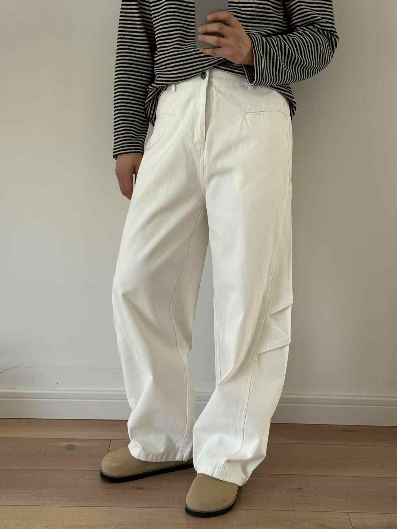 Three-dimensional Cut Pleated Washed All-match Matchet Pants White Unifrom Casual Jeans