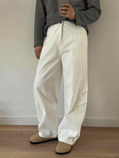 Three-dimensional Cut Pleated Washed All-match Matchet Pants White Unifrom Casual Jeans