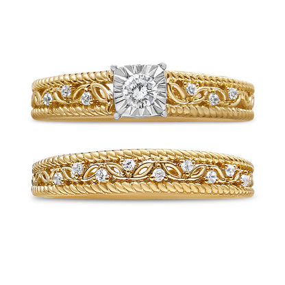 14K Yellow Gold Plated .925 Sterling Silver 1/5 Cttw Diamond Art Deco Style Engagement Ring Bridal Set (I-J Color, I3 Clarity) - Ring Size 7