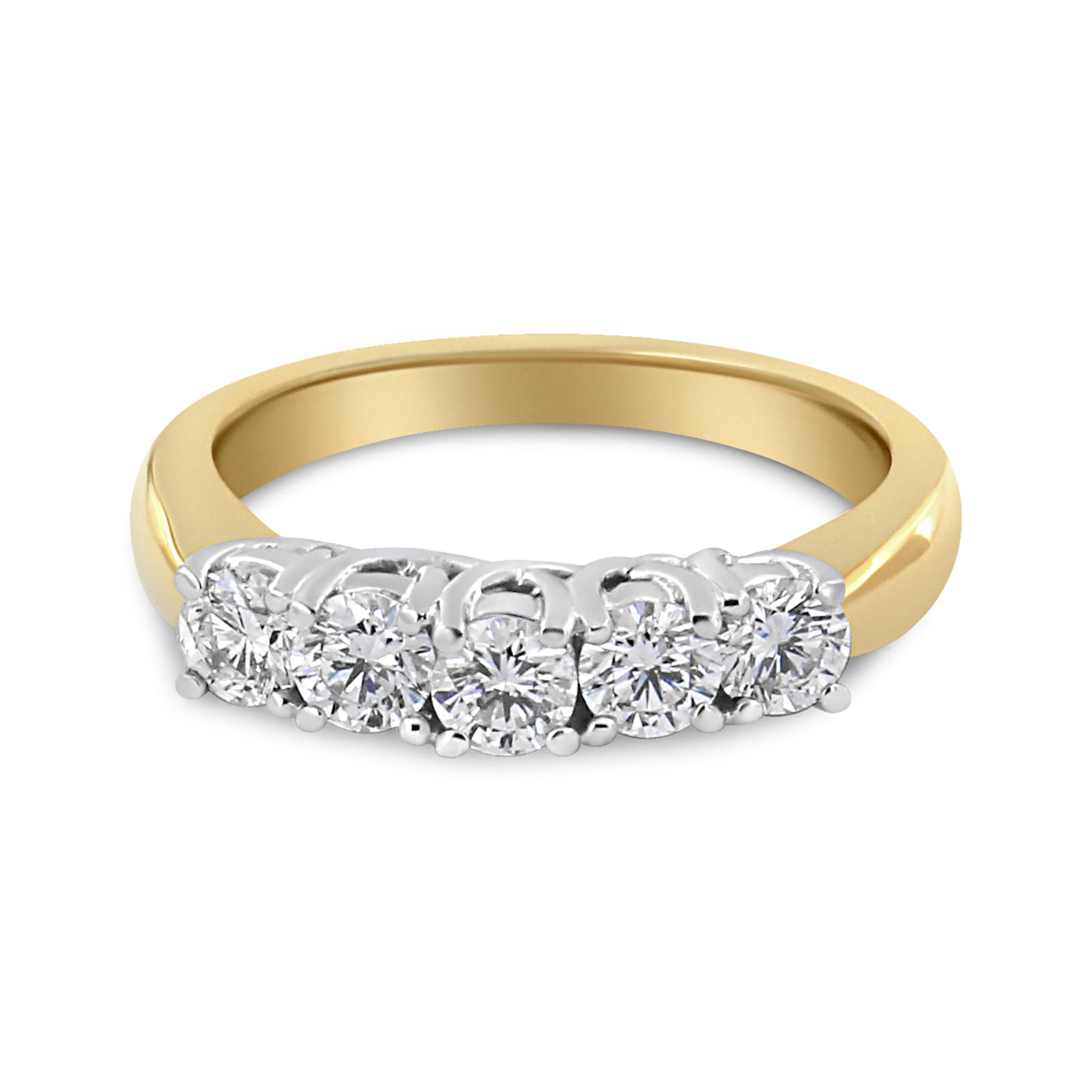 18K Yellow Gold 1.0 Cttw 4 Prong Set Round Cut Diamond Step up 5 Stone Ring Band (F-G Color, SI1-SI2 Clarity) - Size 6