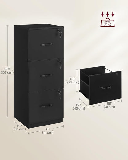 3 Drawer File Cabinet, File Cabinet with Lock, Printer Stand, Office Filing Cabinet Organizer, for A4 and Letter Size Files, Ink Black UOFC055B16