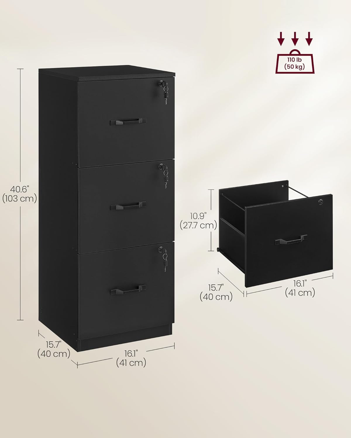 3 Drawer File Cabinet, File Cabinet with Lock, Printer Stand, Office Filing Cabinet Organizer, for A4 and Letter Size Files, Ink Black UOFC055B16
