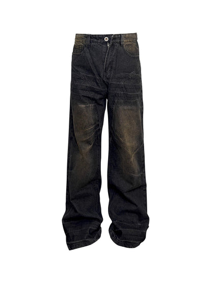 Niche Retro Washed Straight Deconstructed Jeans