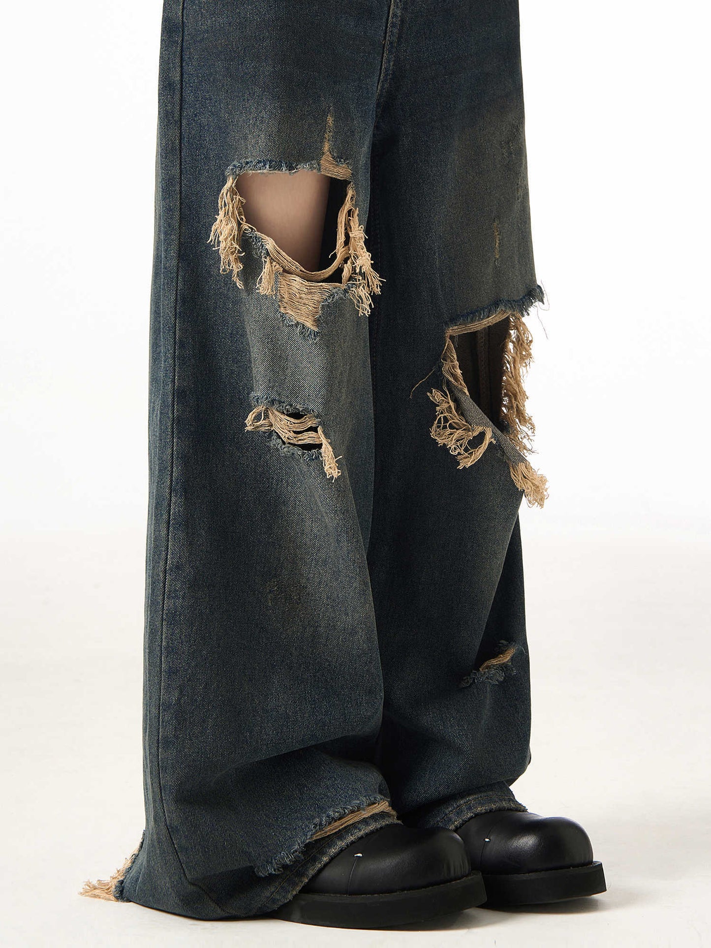 Couple Hole Worn Jeans Wide-leg Pants