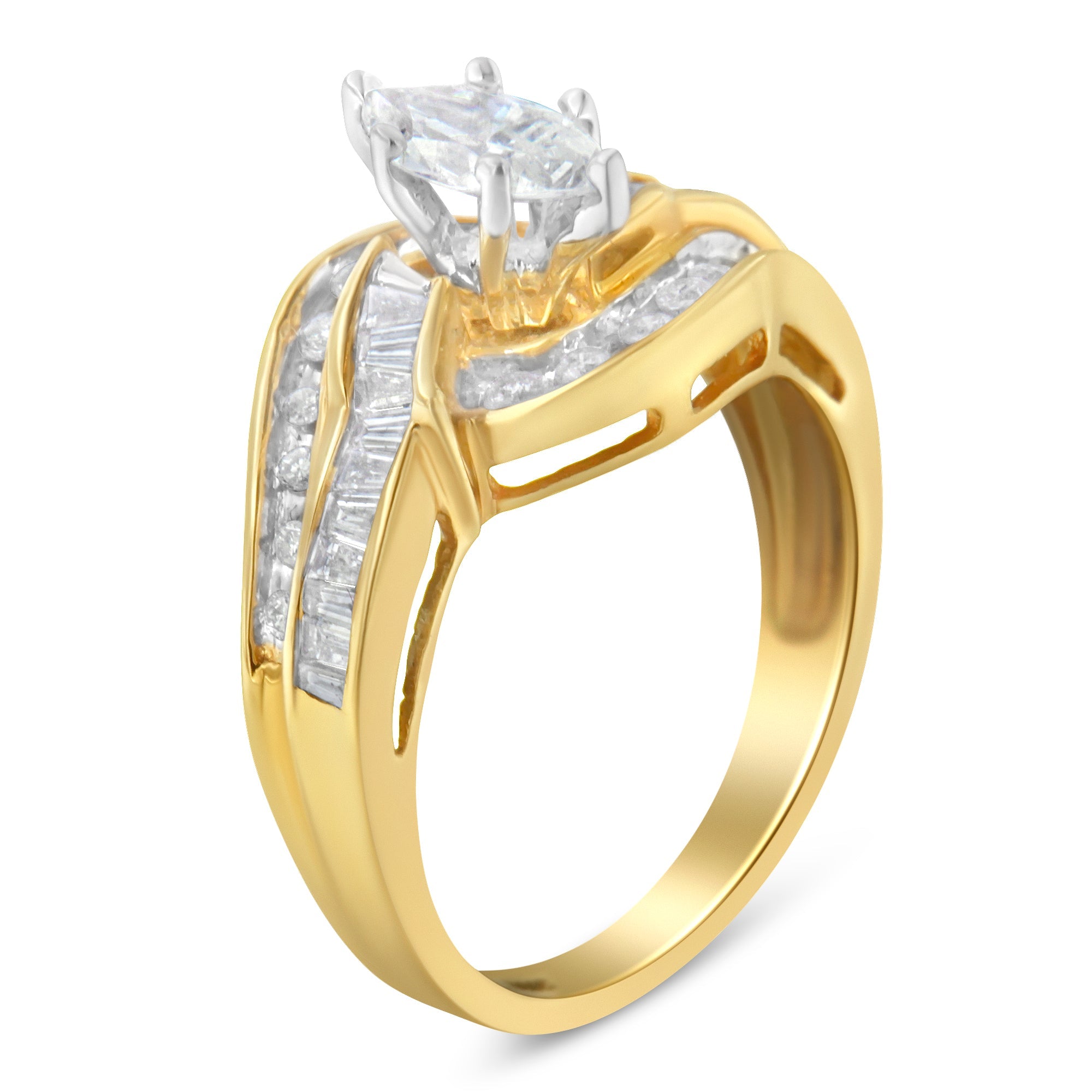 14KT Two-Toned Gold Marquise, Baguette and Round Cut Diamond Bypass Ring (1 cttw, H-I Color, SI1-SI2 Clarity) (Size 7)