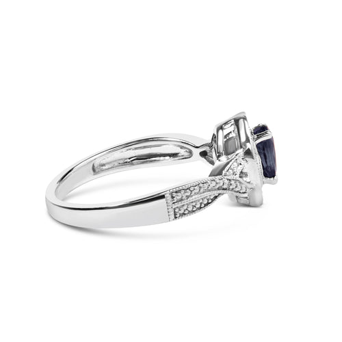 .925 Sterling Silver 6x4mm Pear Sapphire Gemstone with Diamond Accent Fashion Halo Ring (H-I Color, SI1-SI2 Clarity) - Size 7
