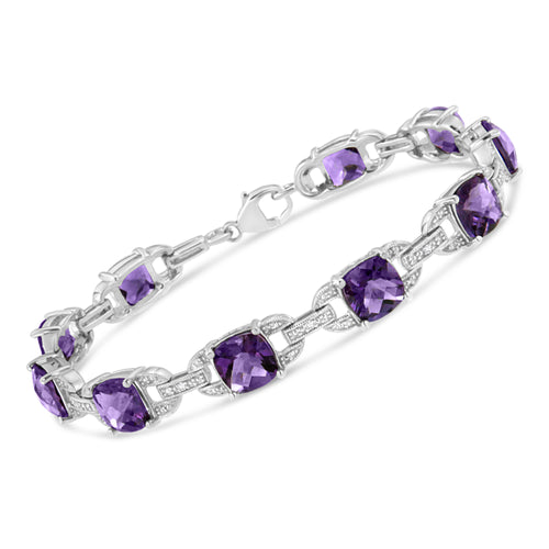 .925 Sterling Silver 7mm Cushion Cut Amethyst Gemstone and Diamond Tennis Link Bracelet (I-J Color, I1-I2 Clarity) - Size 7"
