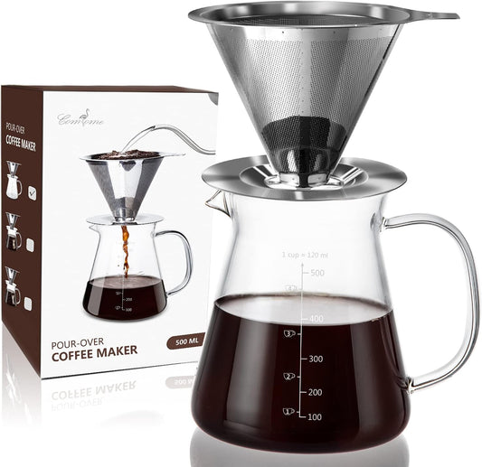 Comfome Pour over Coffee Maker 17 Oz, Drip Coffee Maker Pour over with High Heat-Resistant Carafe and Permanent Stainless Steel Filter, Portable Coffee Pour over Maker Perfect for Home or Office