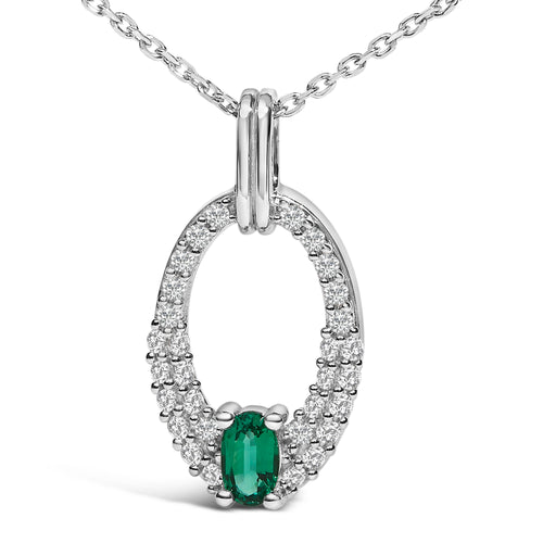 .925 Sterling Silver Created Green Emerald and White Sapphire Oval Shaped Pendant Necklace - 18" Inches