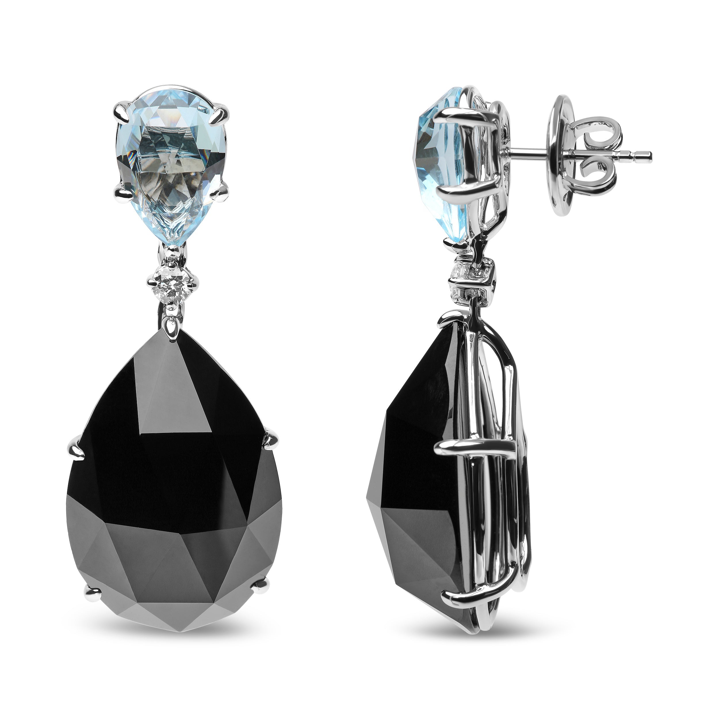 18K White Gold 1/5 Cttw Diamond with Pear Cut Sky Blue Topaz and Pear-Cut Black Onyx Gemstone Dangle Earring (G-H Color, SI1-SI2 Clarity)