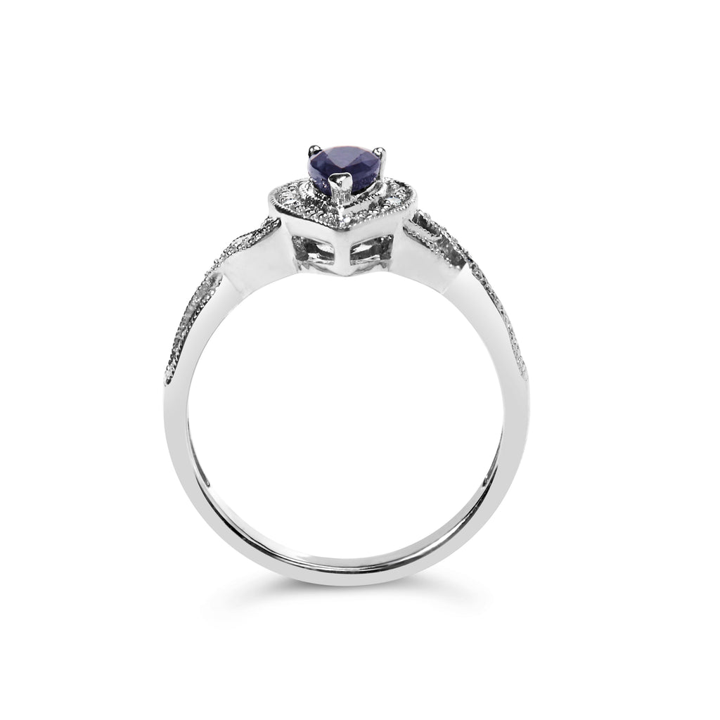 .925 Sterling Silver 6x4mm Pear Sapphire Gemstone with Diamond Accent Fashion Halo Ring (H-I Color, SI1-SI2 Clarity) - Size 7