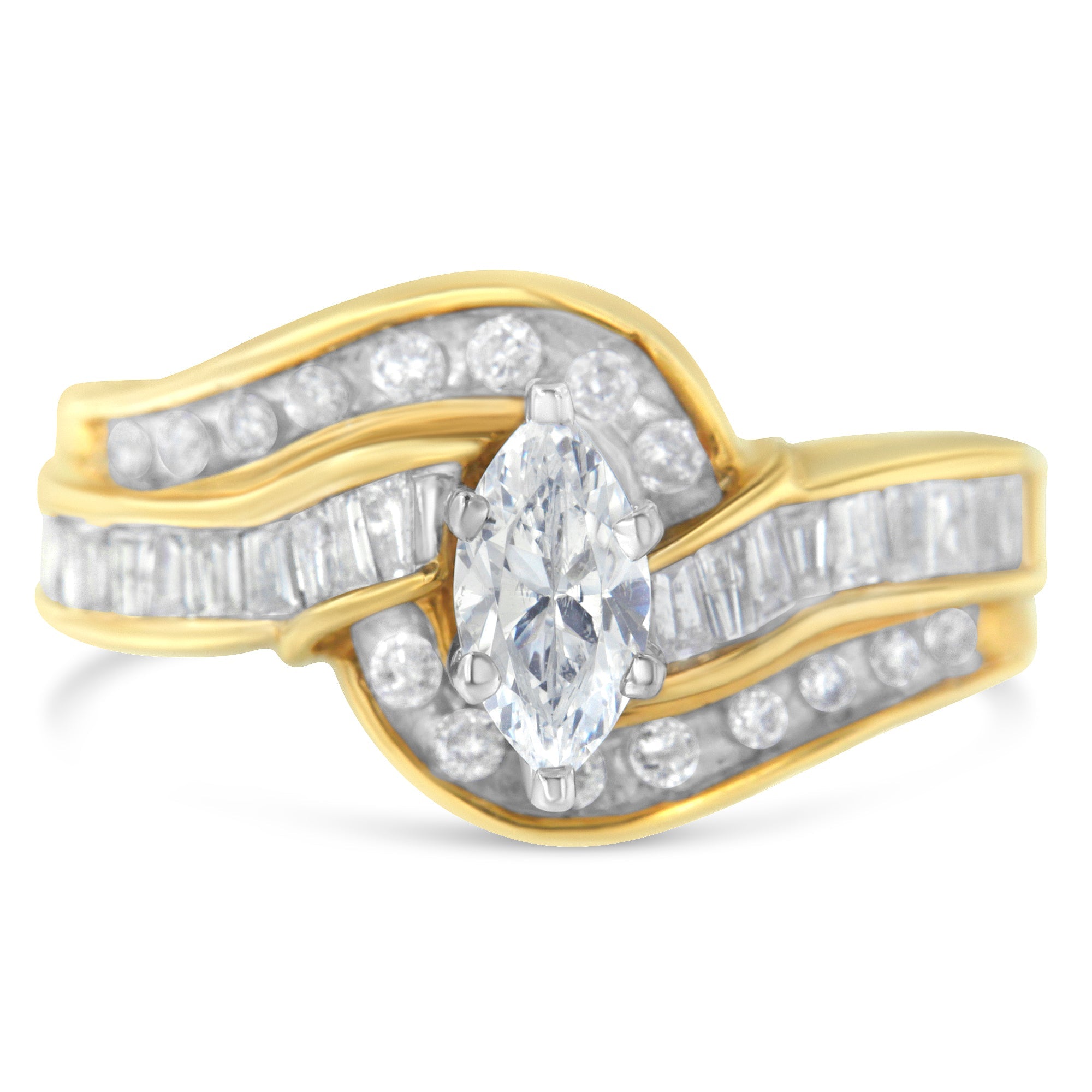 14KT Two-Toned Gold Marquise, Baguette and Round Cut Diamond Bypass Ring (1 cttw, H-I Color, SI1-SI2 Clarity) (Size 7)