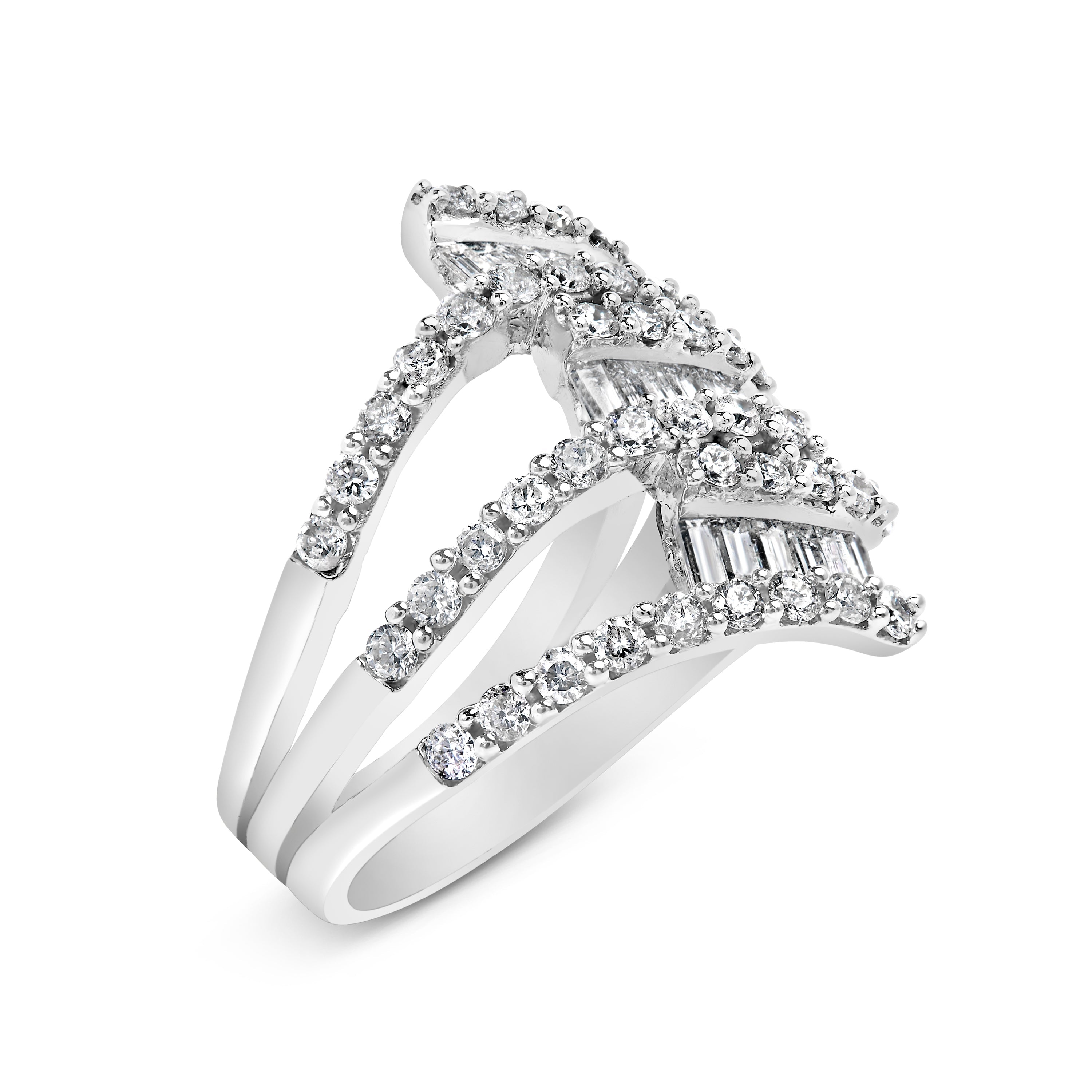 18K White Gold 1 3/4 Cttw Diamond Multi Crossover and Split Shank Cocktail Ring