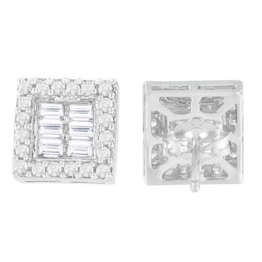 14K White Gold 1 cttw Round and Baguette Diamond Stud Earrings (H-I, SI1-SI2)