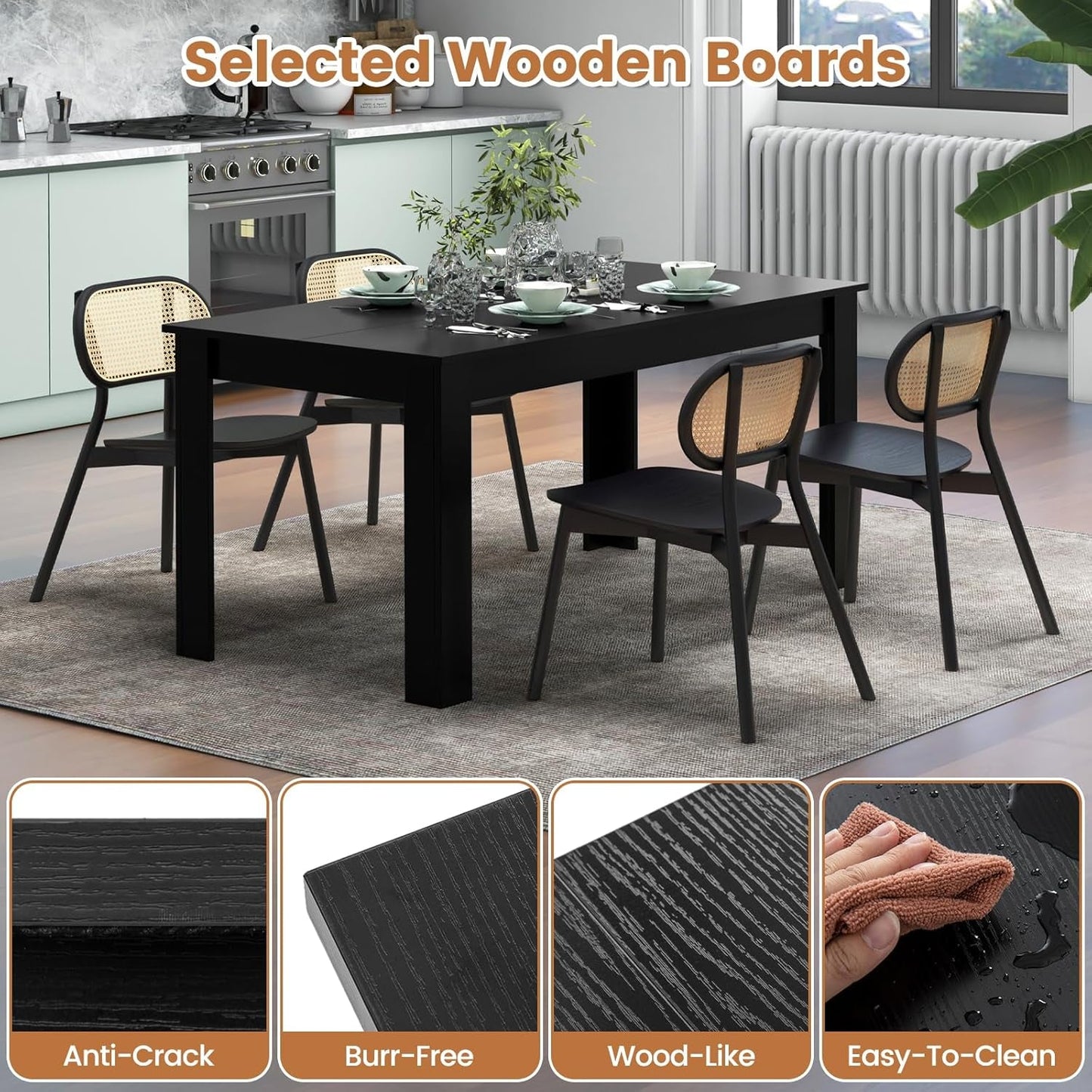 Dining Table for 6, Wood Rectangular Table, 63" L X 31.5" W X 30" H Large Farmhouse Center Table, Home Furniture Kitchen Table, Modern Dining Room Table, Supporting for 330LBS, Black